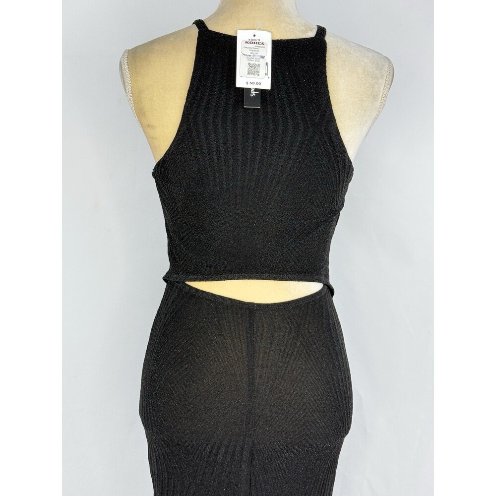 Speechless Black Bodycon Dress Small NWT Cutout Back Glitter Knit Sheer Hem - Picture 7 of 16